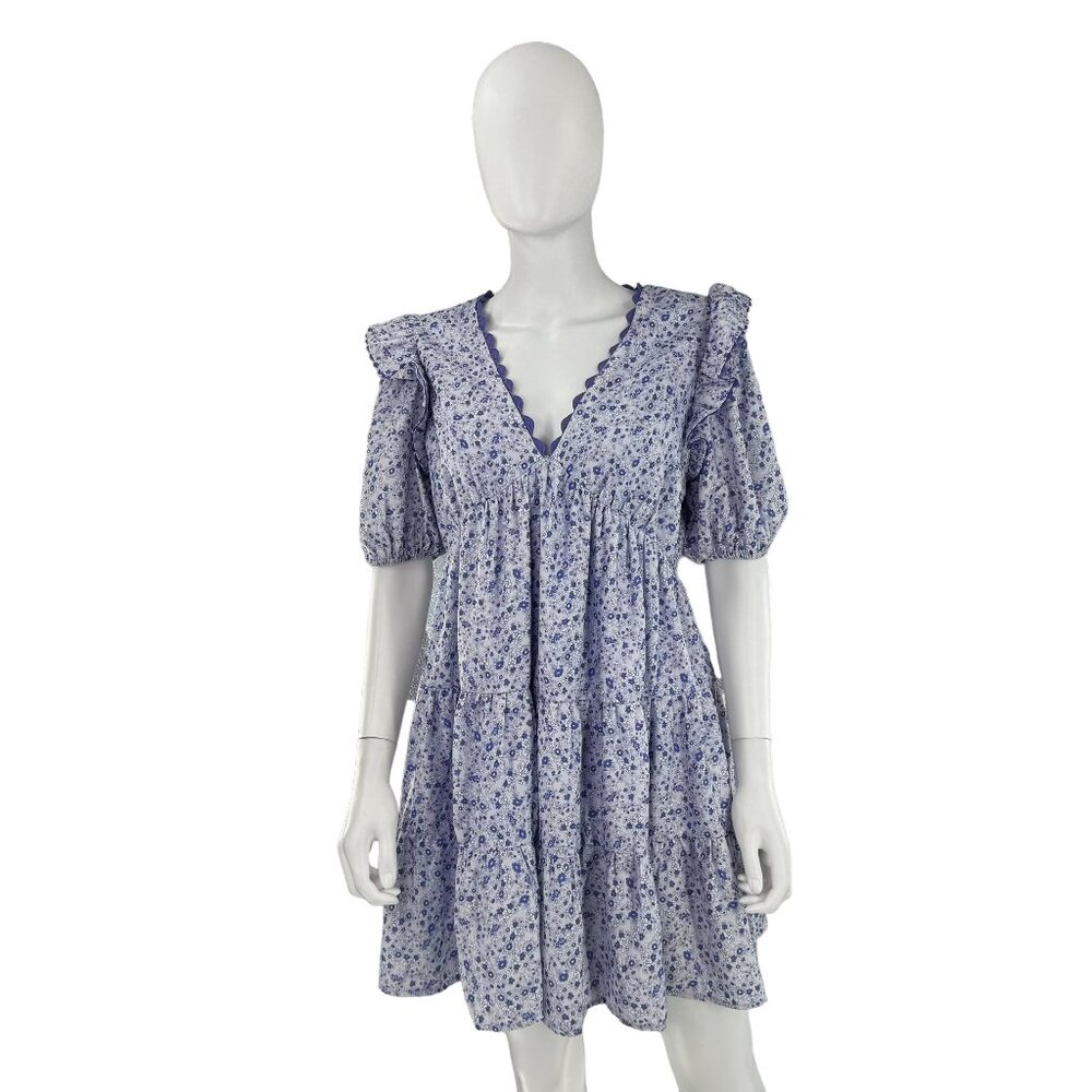 Blue Floral V-Neck Tiered Mini Dress with Puff Sleeves
